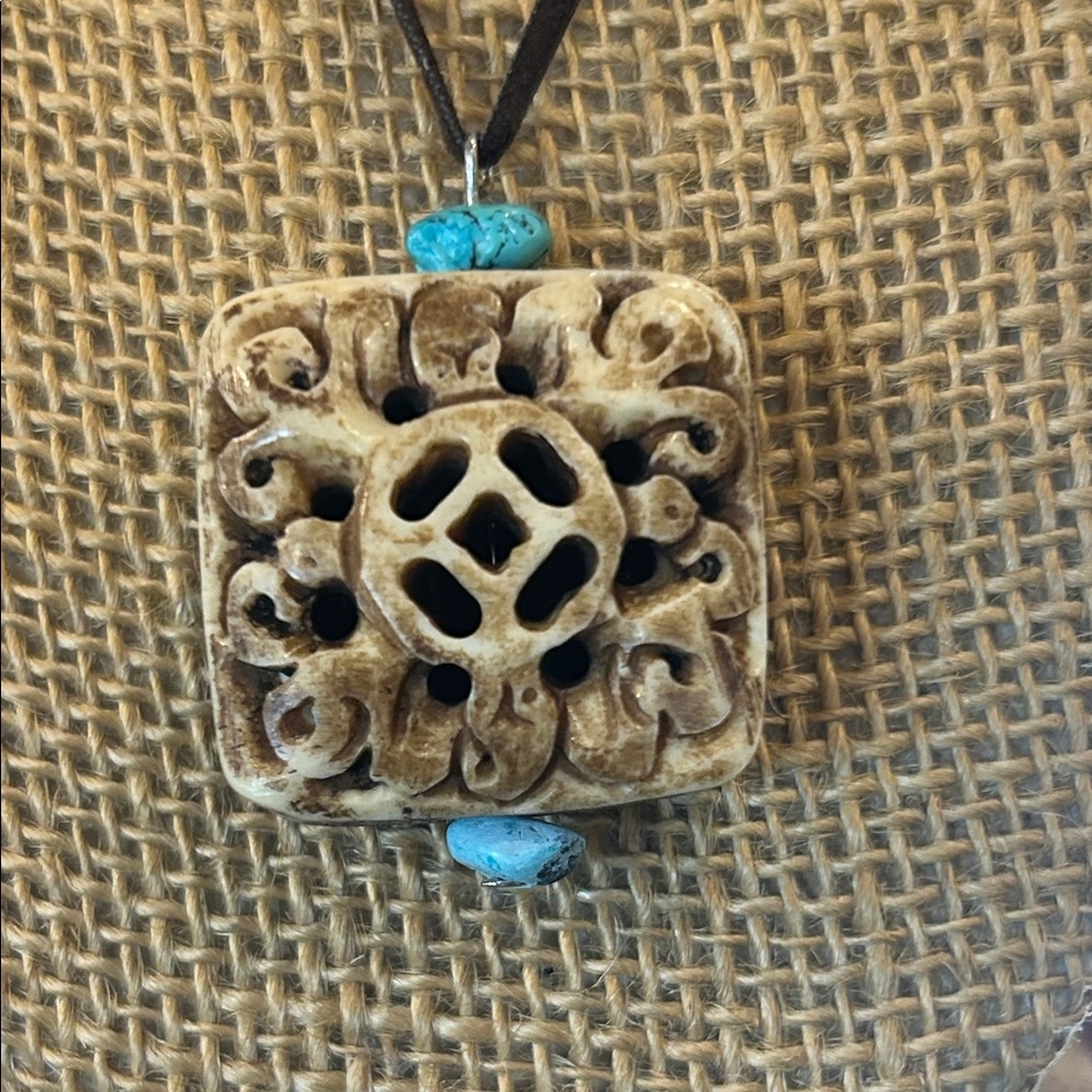 Artisan Carved Bone Pendant vintage Necklace